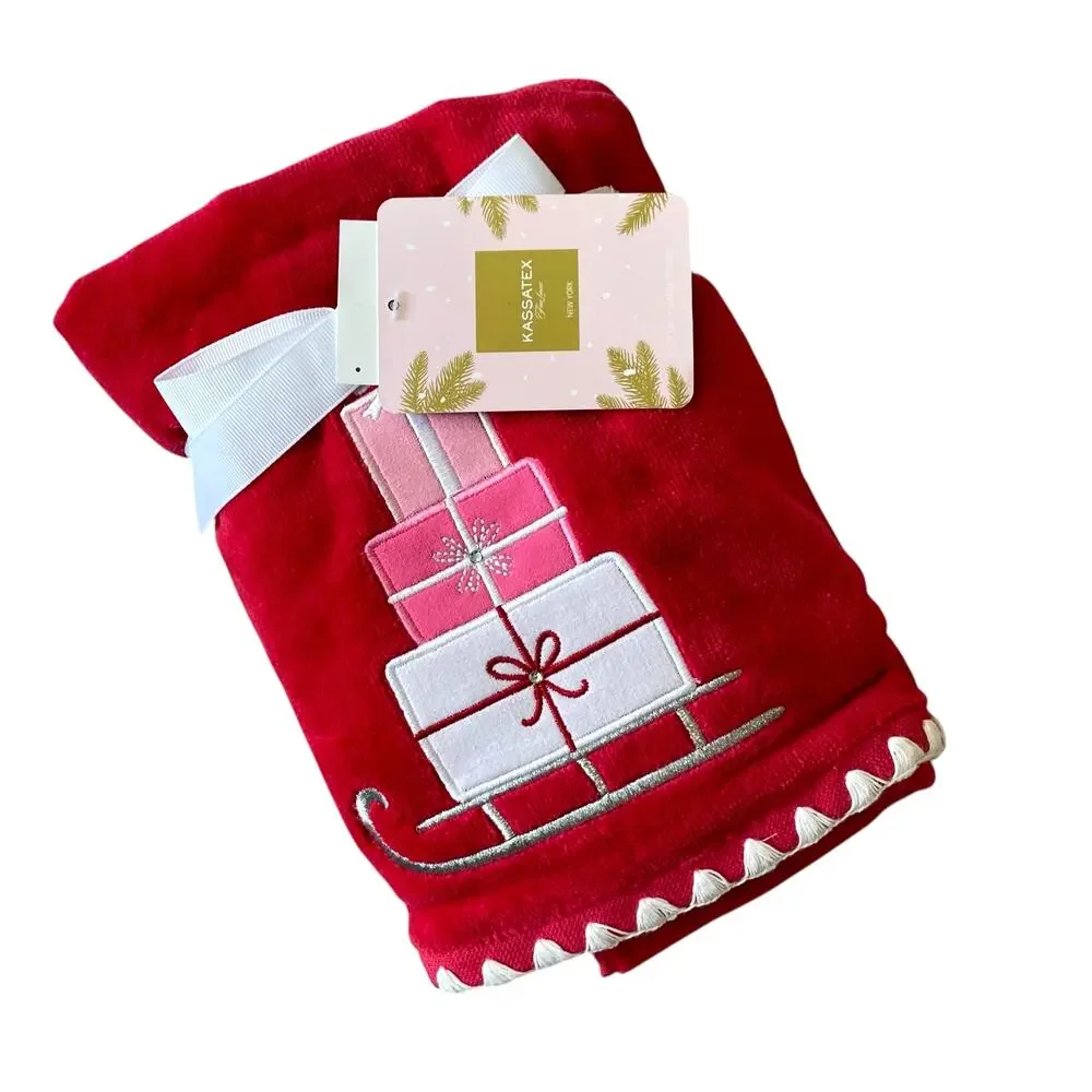 2pc Kassatex Christmas Hand Towels Embroidered Presents on Sled Red Pink NEW